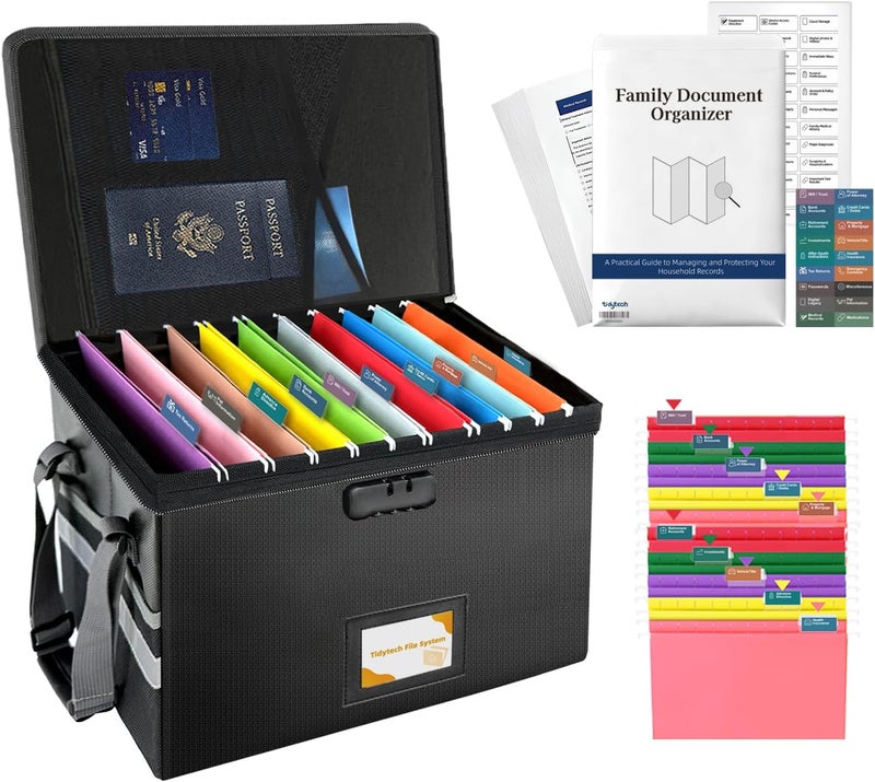 TIDY TECH Deluxe Pro Large Next of Kin Box Organizer with 50-Page Family Document Guide, Fireproof Foldable File Organizer with Combination Lock, 10 Hanging Files and 115 Category Labels (15.7"L×12.2"W×10.6"H) - Image 1